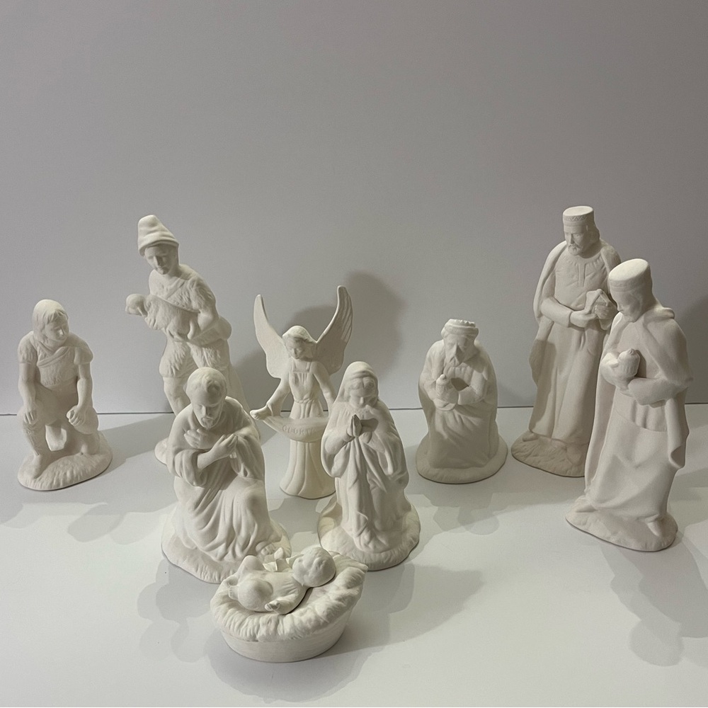 Elegant Ceramic Bisque Nativity Figurine Set, 9 piece